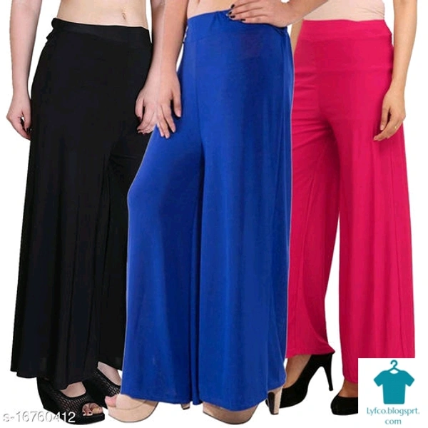Product Name: *Lets Shine stylish casual wear palazzo pant for females,Black,Blue & Pink Color Free Size (Combo Pack of 3)*Fabric: PolycottonPattern: SolidMultipack: 3 - size- 34