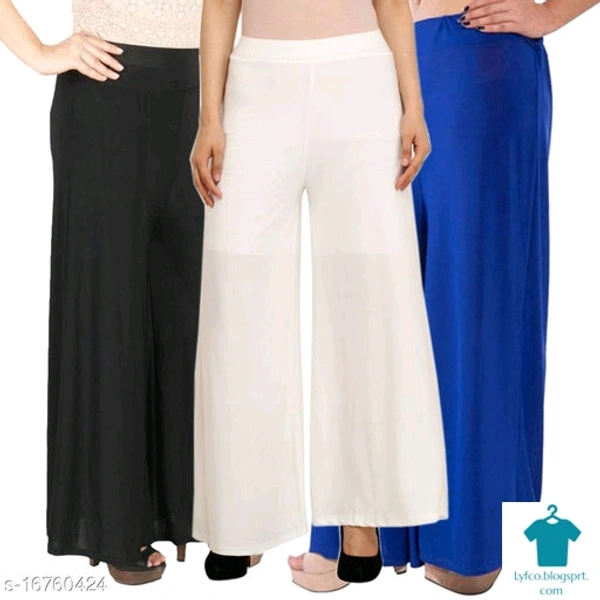 Product Name: *Lets Shine stylish casual wear palazzo pant for females,Black,White & Blue Color Free Size (Combo Pack of 3)*Fabric: PolycottonPattern: SolidMultipack: 3 - size- ,30