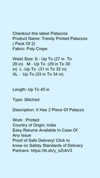 Product Name: *Trendy Printed Palazzos ( Pack Of 2)*Fabric: Poly Crepe - size- S