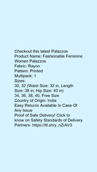 Product Name: *Fashionable Feminine Women Palazzos*Fabric: RayonPattern: PrintedMultipack: 1 - size- 34