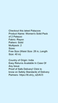 Product Name: *Women's Solid Pack of 2 Palazzo*Fabric: RayonPattern: SolidMultipack: 2 - size- 40