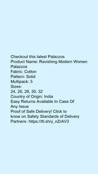 Product Name: *Ravishing Modern Women Palazzos*Fabric: CottonPattern: SolidMultipack: 5 - size- 40