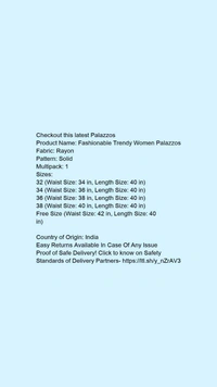Product Name: *Fashionable Trendy Women Palazzos*Fabric: RayonPattern: SolidMultipack: 1 - size- 36