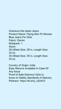 Product Name: *Flying Slim Fit Women Blue Jeans For Girls*Fabric: DenimMultipack: 1 - size- 30