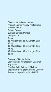 Product Name: ❤️ *Trendy Fashionable Women Jeans*Fabric: DenimSurface Styling: PrintedMultipack: 1 - size- 28