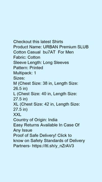 Product Name: *URBAN Premium SLUB Cotton Casual  bu7AT  For Men *Fabric: CottonSleeve Length: Long SleevesPattern: PrintedMultipack: 1 - size- XL