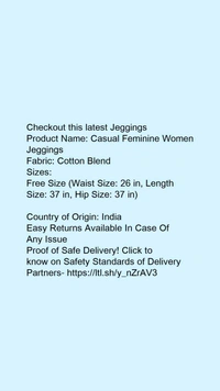 Product Name: *Stylish Glamarous Women Jeggings*Fabric: Cotton Blend - Free size