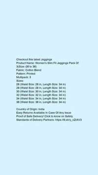 Product Name: *Women's Slim Fit Jeggings Pack Of 3(Size:-26 to 36)*Fabric: Cotton BlendPattern: PrintedMultipack: 3 - size- 26