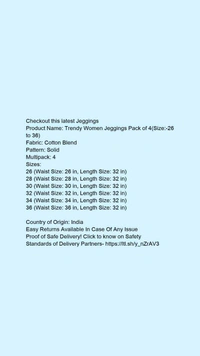 Product Name: *Trendy Women Jeggings Pack of 4(Size:-26 to 36)*Fabric: Cotton BlendPattern: SolidMultipack: 4 - size- 34