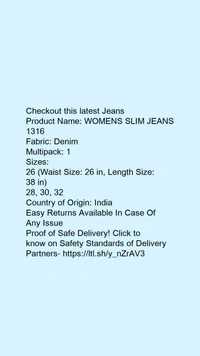 Product Name: *WOMENS SLIM JEANS 1316*Fabric: DenimMultipack: 1 - size- 28