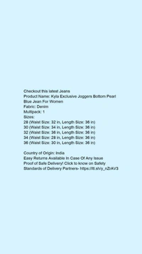 Product Name: *Kyla Exclusive Joggers Bottom Pearl Blue Jean For Women*Fabric: DenimMultipack: 1 - size- 34