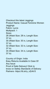Product Name: *Fashionable Fashionista Women Jeggings*Fabric: LycraMultipack: 1 - size- 30