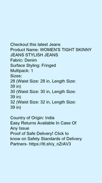 Product Name: *WOMEN'S TIGHT SKINNY JEANS STYLISH JEANS*Fabric: DenimSurface Styling: FringedMultipack: 1 - size- 30