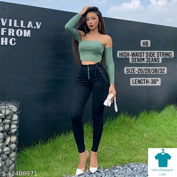 Product Name: *High-Waist side string denim jeans by High-Buy- BLACK*Fabric: DenimSurface Styling: Tie-UpsMultipack: 1 - size- 32