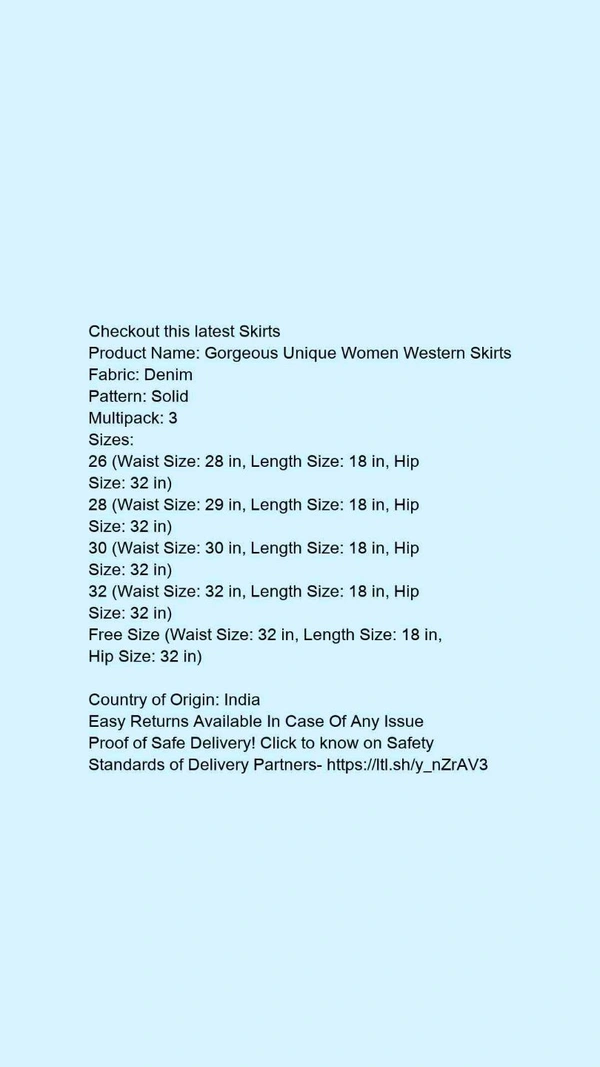 Product Name: *Gorgeous Unique Women Western Skirts*Fabric: DenimPattern: SolidMultipack: 3 - size- 26