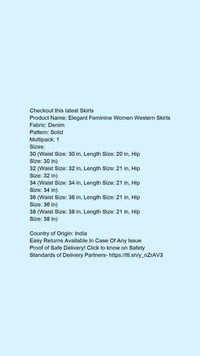 Product Name: *Elegant Feminine Women Western Skirts*Fabric: DenimPattern: SolidMultipack: 1 - size- 30