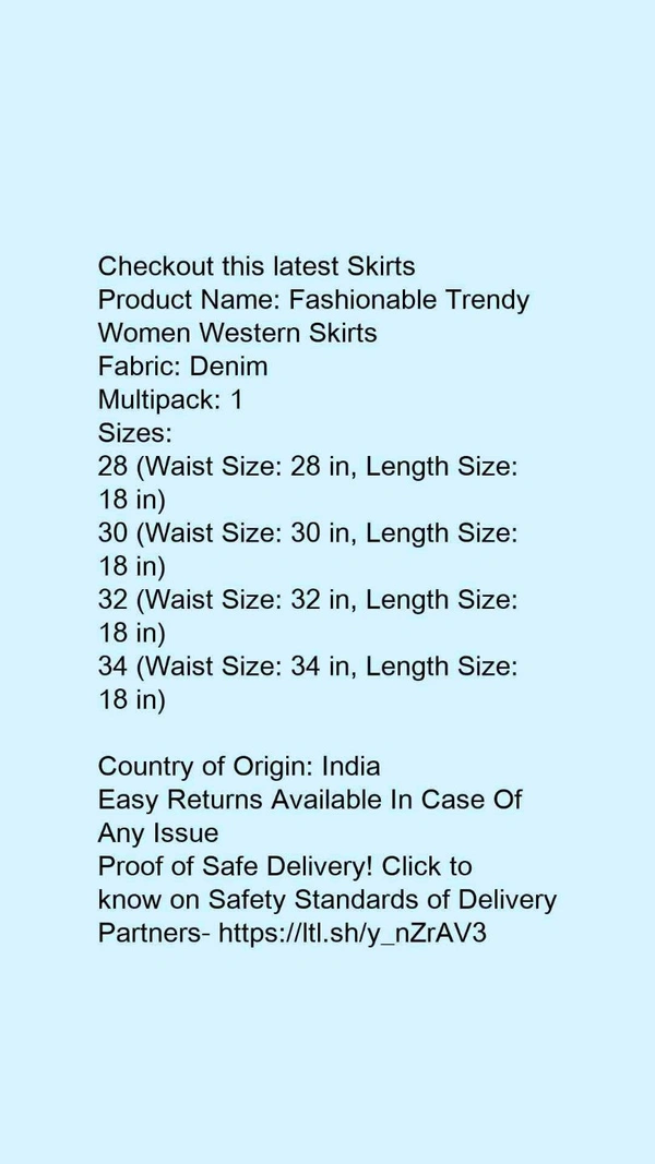 Product Name: *Fashionable Trendy Women Western Skirts*Fabric: DenimMultipack: 1 - size- 38