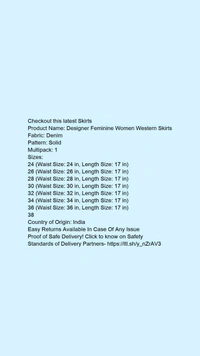 Product Name: *Designer Feminine Women Western Skirts*Fabric: DenimPattern: SolidMultipack: 1 - size- 30