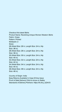 Product Name: *Ravishing Unique Women Western Skirts*Fabric: CrepePattern: PrintedMultipack: 2 - size- 28