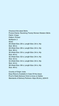 Product Name: *Ravishing Unique Women Western Skirts*Fabric: CrepePattern: PrintedMultipack: 2 - size- 26