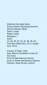Product Name: *Ravishing Feminine Women Western Skirts*Fabric: CrepePattern: SolidMultipack: 1 - 24, colour- Dark green