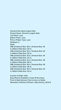 Product Name: *Women's Lingerie Sets*Top Fabric: LaceBottom Fabric: LacePrint or Pattern Type: LaceMultipack: 2 - 36B