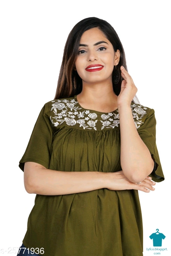 Product Name: *Gurmeet Fashion Green Rayon Embroidered Tunic/Top For Women's*Fabric: RayonSleeve Length: Short SleevesPattern: EmbroideredMultipack: 1 - size- S