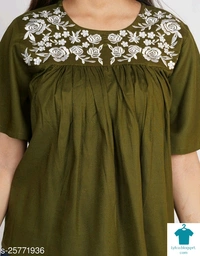 Product Name: *Gurmeet Fashion Green Rayon Embroidered Tunic/Top For Women's*Fabric: RayonSleeve Length: Short SleevesPattern: EmbroideredMultipack: 1 - size- S