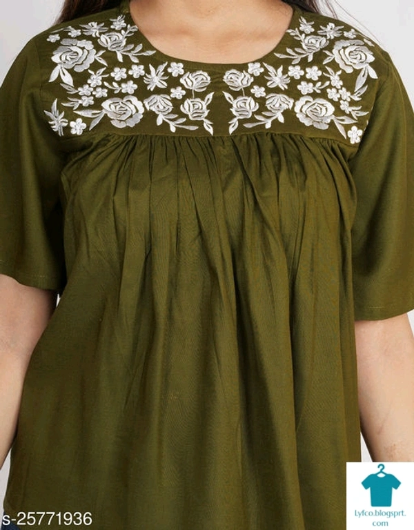 Product Name: *Gurmeet Fashion Green Rayon Embroidered Tunic/Top For Women's*Fabric: RayonSleeve Length: Short SleevesPattern: EmbroideredMultipack: 1 - size- S