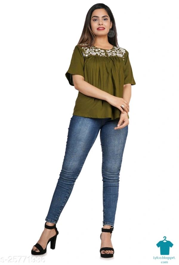 Product Name: *Gurmeet Fashion Green Rayon Embroidered Tunic/Top For Women's*Fabric: RayonSleeve Length: Short SleevesPattern: EmbroideredMultipack: 1 - size- S