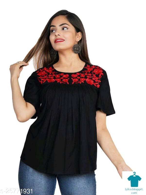 Product Name: *Gurmeet Fashion Black Rayon Embroidered Tunic/Top For Women's*Fabric: RayonSleeve Length: Short SleevesPattern: EmbroideredMultipack: 1 - size- S