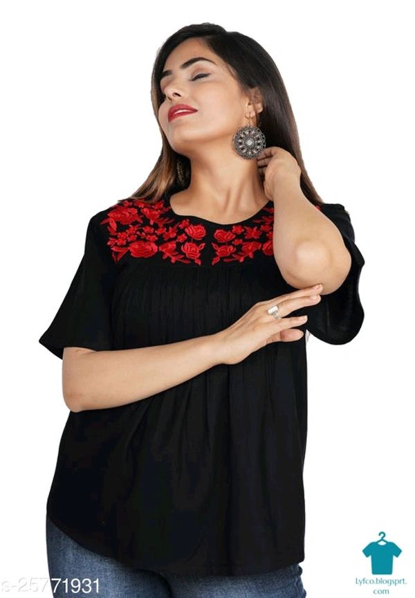 Product Name: *Gurmeet Fashion Black Rayon Embroidered Tunic/Top For Women's*Fabric: RayonSleeve Length: Short SleevesPattern: EmbroideredMultipack: 1 - size- S