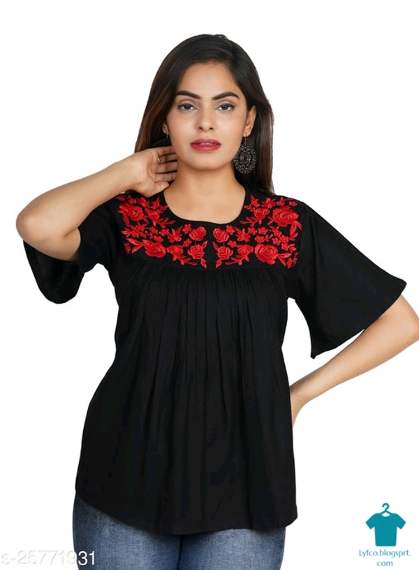 Product Name: *Gurmeet Fashion Black Rayon Embroidered Tunic/Top For Women's*Fabric: RayonSleeve Length: Short SleevesPattern: EmbroideredMultipack: 1 - size- S