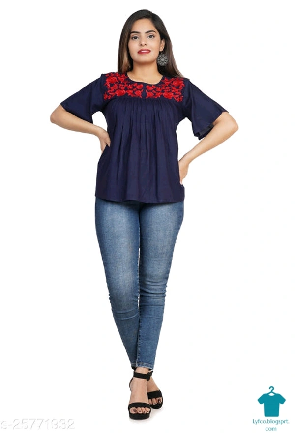 Product Name: *Gurmeet Fashion Black Rayon Embroidered Tunic/Top For Women's*Fabric: RayonSleeve Length: Short SleevesPattern: EmbroideredMultipack: 1 - XxL