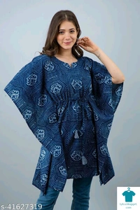 Checkout this latest Tops & TunicsProduct Name: *Charvy Comfy Indigo Printed Cotton Kaftan*Fabric: CottonSleeve Length: Three-Quarter SleevesPattern: PrintedMultipack: 1 - xL