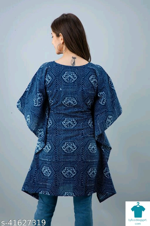 Checkout this latest Tops & TunicsProduct Name: *Charvy Comfy Indigo Printed Cotton Kaftan*Fabric: CottonSleeve Length: Three-Quarter SleevesPattern: PrintedMultipack: 1 - xL