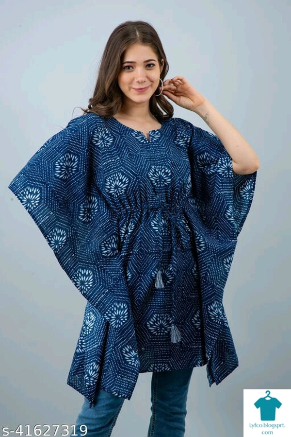 Checkout this latest Tops & TunicsProduct Name: *Charvy Comfy Indigo Printed Cotton Kaftan*Fabric: CottonSleeve Length: Three-Quarter SleevesPattern: PrintedMultipack: 1 - XXL
