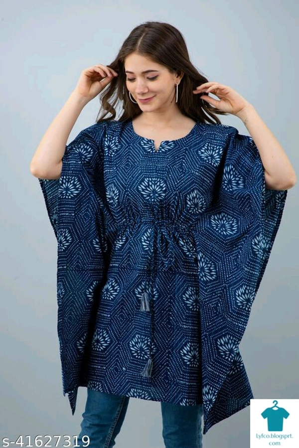 Checkout this latest Tops & TunicsProduct Name: *Charvy Comfy Indigo Printed Cotton Kaftan*Fabric: CottonSleeve Length: Three-Quarter SleevesPattern: PrintedMultipack: 1 - XXL