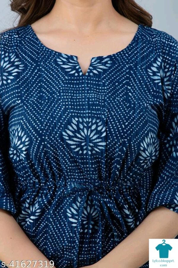 Checkout this latest Tops & TunicsProduct Name: *Charvy Comfy Indigo Printed Cotton Kaftan*Fabric: CottonSleeve Length: Three-Quarter SleevesPattern: PrintedMultipack: 1 - XXL