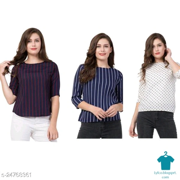 Product Name: *Comfy Ravishing Women Tops & Tunics*Fabric: CrepeSleeve Length: Three-Quarter SleevesPattern: PrintedMultipack: 3 - Size- S