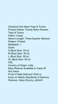 Product Name: *Trendy Retro Women Tops & Tunics*Fabric: CrepeSleeve Length: Three-Quarter SleevesPattern: PrintedMultipack: 1 - XXL