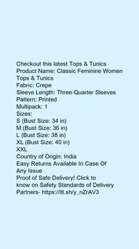 Product Name: *Trendy Retro Women Tops & Tunics*Fabric: CrepeSleeve Length: Three-Quarter SleevesPattern: PrintedMultipack: 1 - M