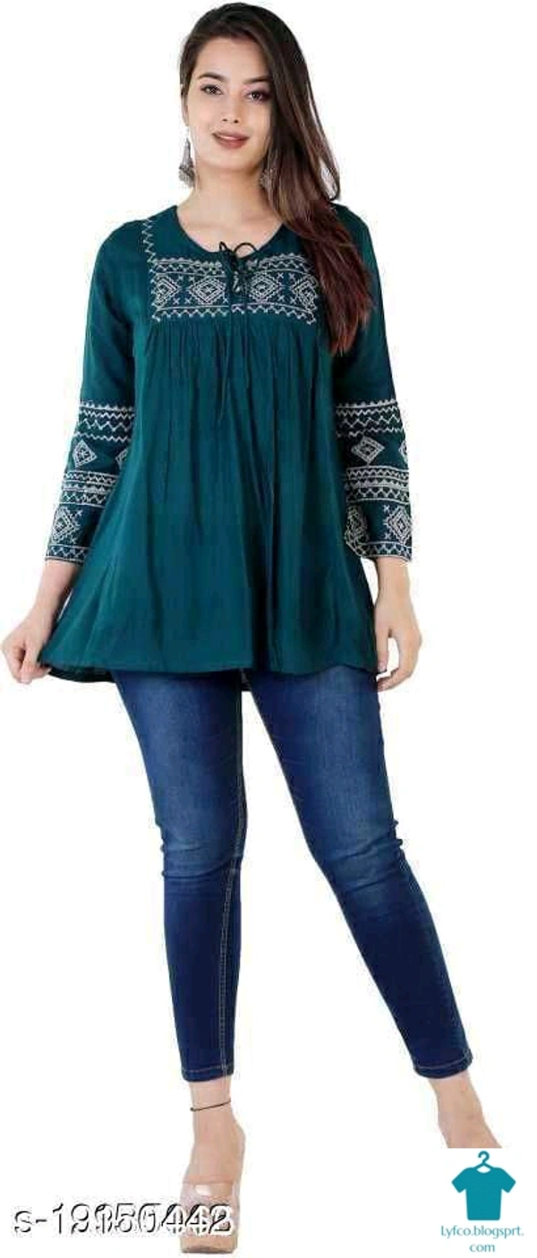 Product Name: *Shree Shyam Fashion Green Colored Girls Top with Embroidery work .*Fabric: RayonSleeve Length: Three-Quarter SleevesPattern: EmbroideredMultipack: 1 - XL