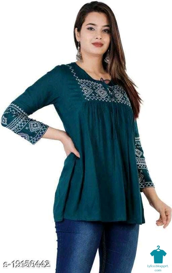Product Name: *Shree Shyam Fashion Green Colored Girls Top with Embroidery work .*Fabric: RayonSleeve Length: Three-Quarter SleevesPattern: EmbroideredMultipack: 1 - XXxL