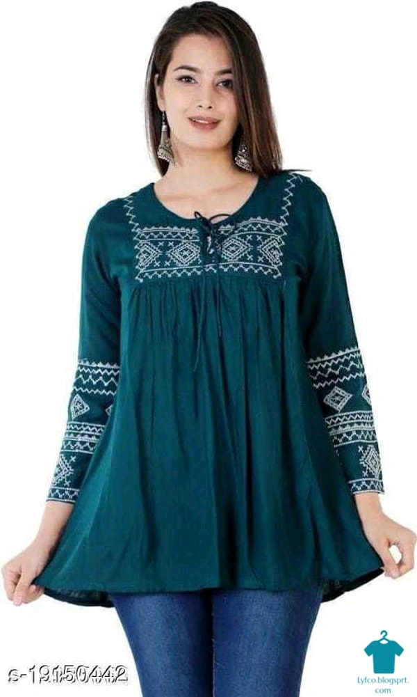 Product Name: *Shree Shyam Fashion Green Colored Girls Top with Embroidery work .*Fabric: RayonSleeve Length: Three-Quarter SleevesPattern: EmbroideredMultipack: 1 - XXxL