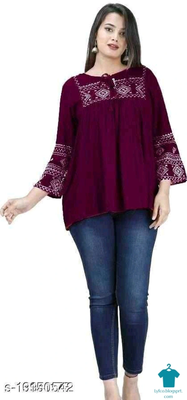 Product Name: *Shree Shyam Fashion Green Colored Girls Top with Embroidery work .*Fabric: RayonSleeve Length: Three-Quarter SleevesPattern: EmbroideredMultipack: 1 - L