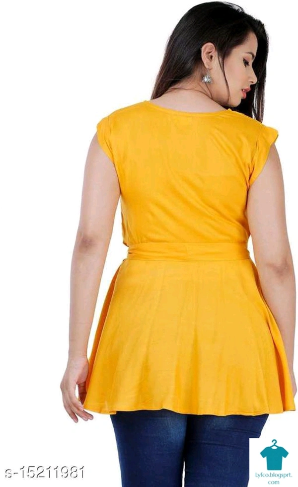 Product Name: *Urbane Glamorous Women Tops & Tunics*Fabric: RayonSleeve Length: SleevelessPattern: SolidMultipack: 1 - colour- yellow, size- M
