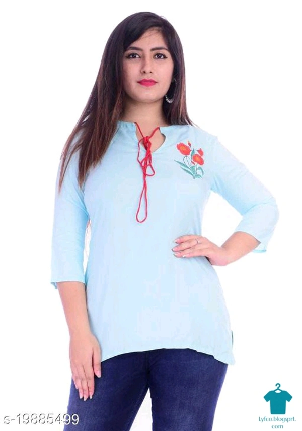 Product Name: *Classic Glamorous Women Tops & Tunics*Fabric: RayonSleeve Length: Three-Quarter SleevesPattern: EmbroideredMultipack: 1 - XXXL
