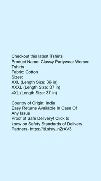 Product Name: *Classy Partywear Women Tshirts *Fabric: Cotton - size- L