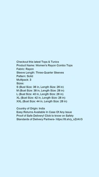 Product Name: *Women's Rayon Combo Tops*Fabric: RayonSleeve Length: Three-Quarter SleevesPattern: SolidMultipack: 3 - XL